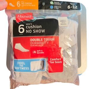 Hanes Cushion No Show Socks 6 (Six) Pair Men’s Shoe Size  6-12 White New Wicking